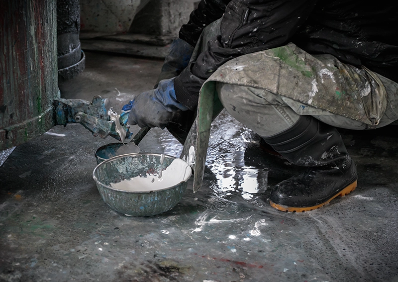 塗料の出来上がりを調べる職人